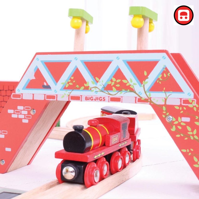 Bigjigs Rail Červená lokomotiva s tendrem + 3 koleje