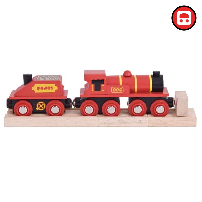 Bigjigs Rail Červená lokomotiva s tendrem + 3 koleje